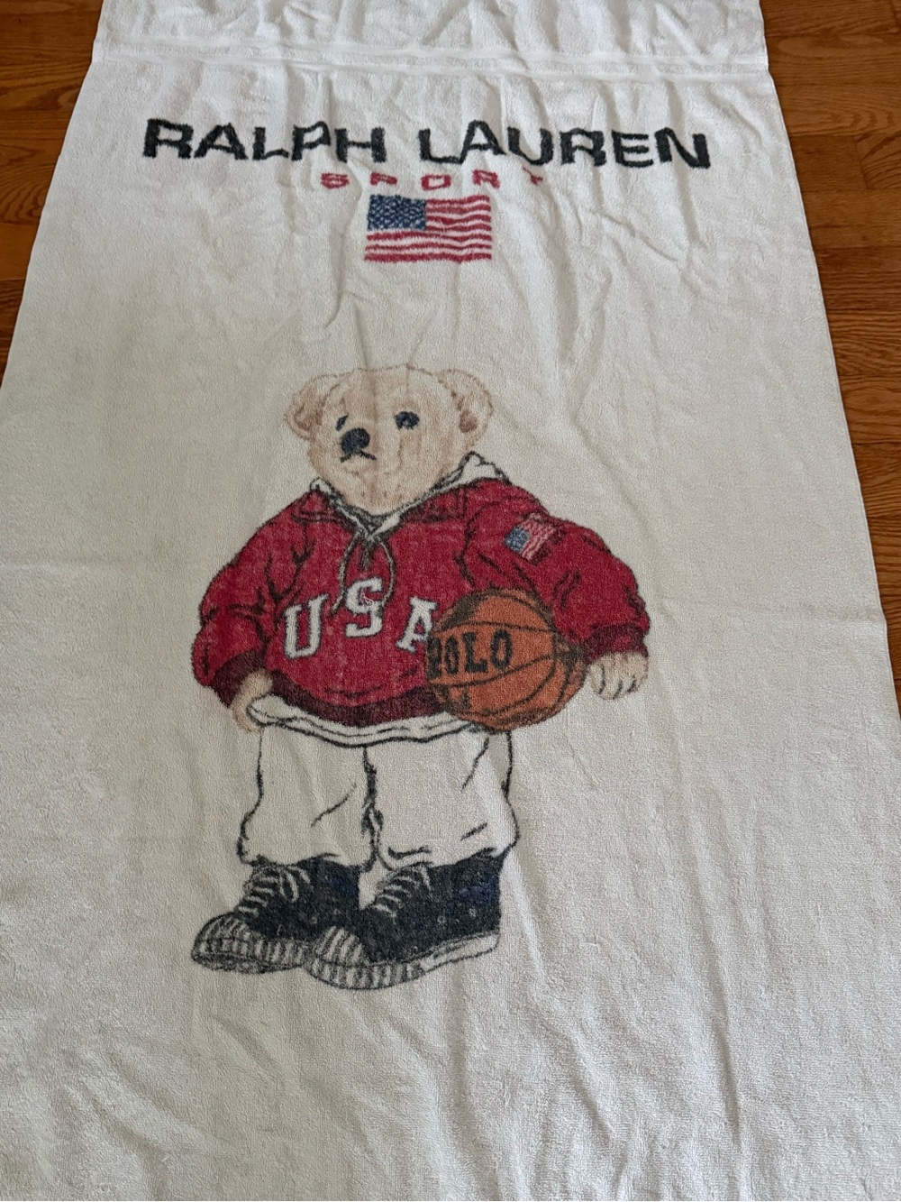 VTG 90s Ralph Lauren Sport Polo Bear USA Flag Beach Towel 34x66 White Cotton